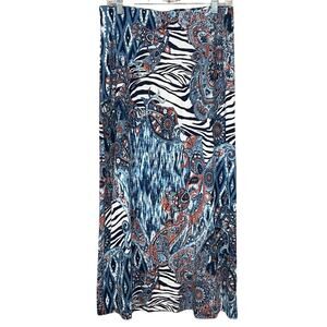 Chico’s A-line Maxi Skirt Size 1/M Blue Mixed Print Jersey Knit Pull On Modest